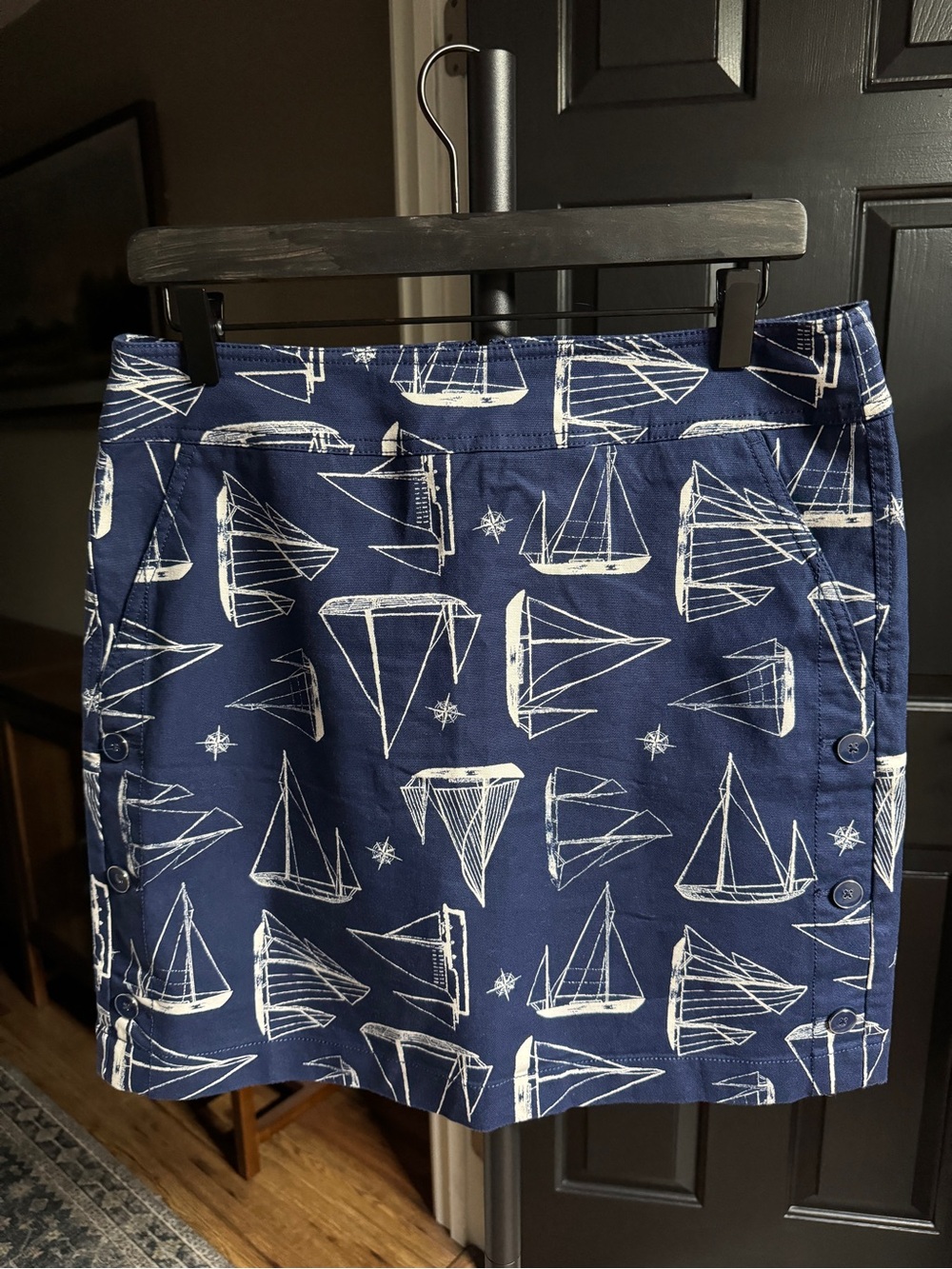{Talbots} Petite Navy Blue White Sail Boat Print A-Line Above Knee Skirt WSK29
